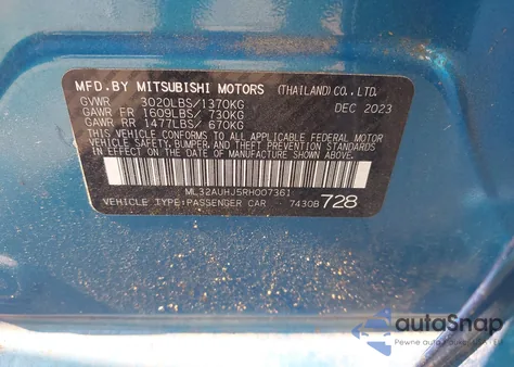 2024 Mitsubishi Mirage Es/Le z USA, uszkodzony, nr VIN ML32AUHJ5RH007361